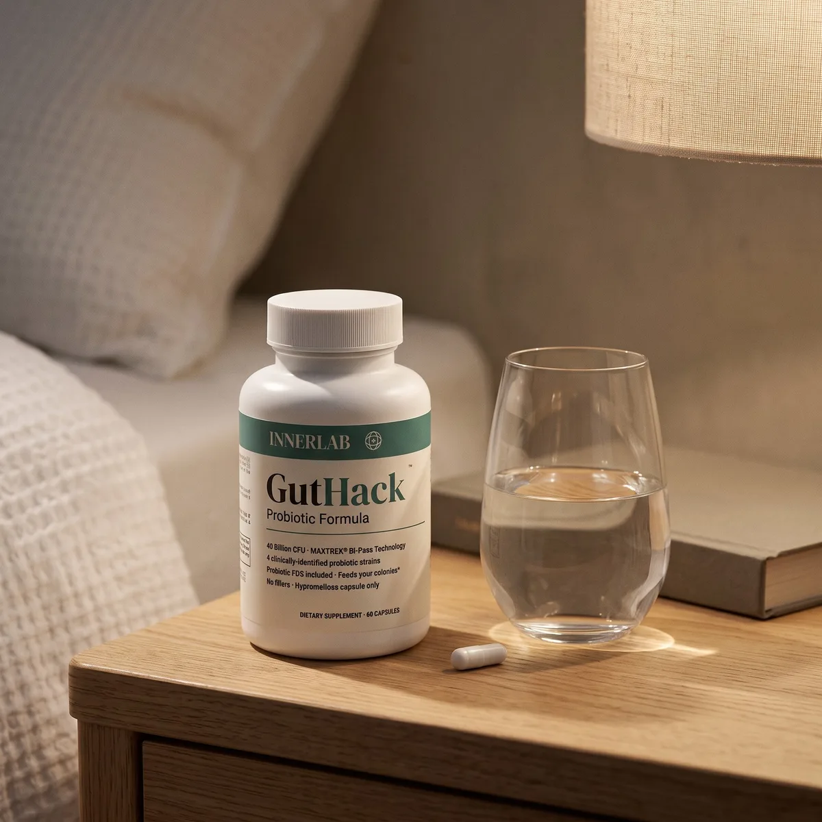 Evening routine on a bedside table