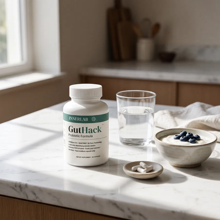 GutHack on a kitchen counter with yogurt and water