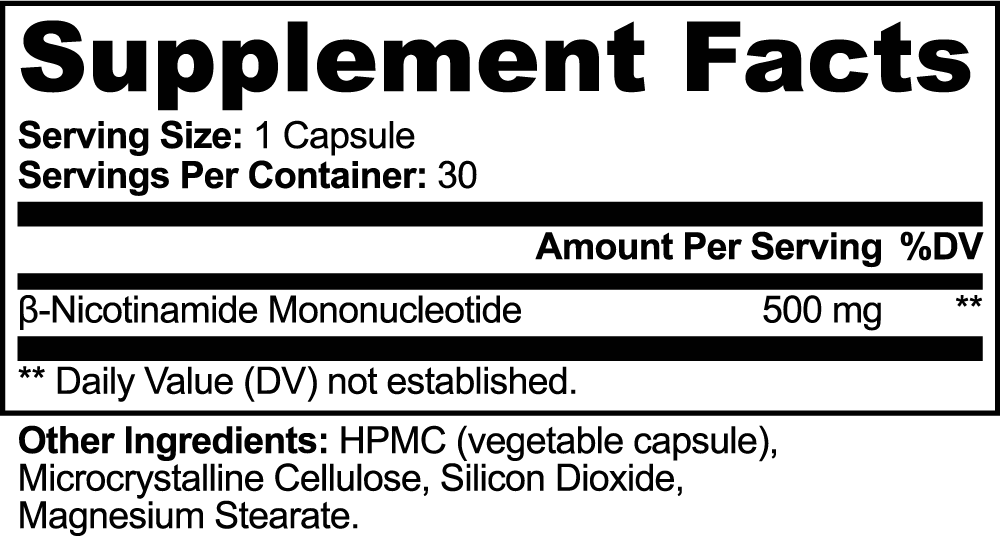 AgeHack Supplement Facts: Serving size 1 capsule; Servings per bottle 30; β-Nicotinamide Mononucleotide (NMN) 500 mg
