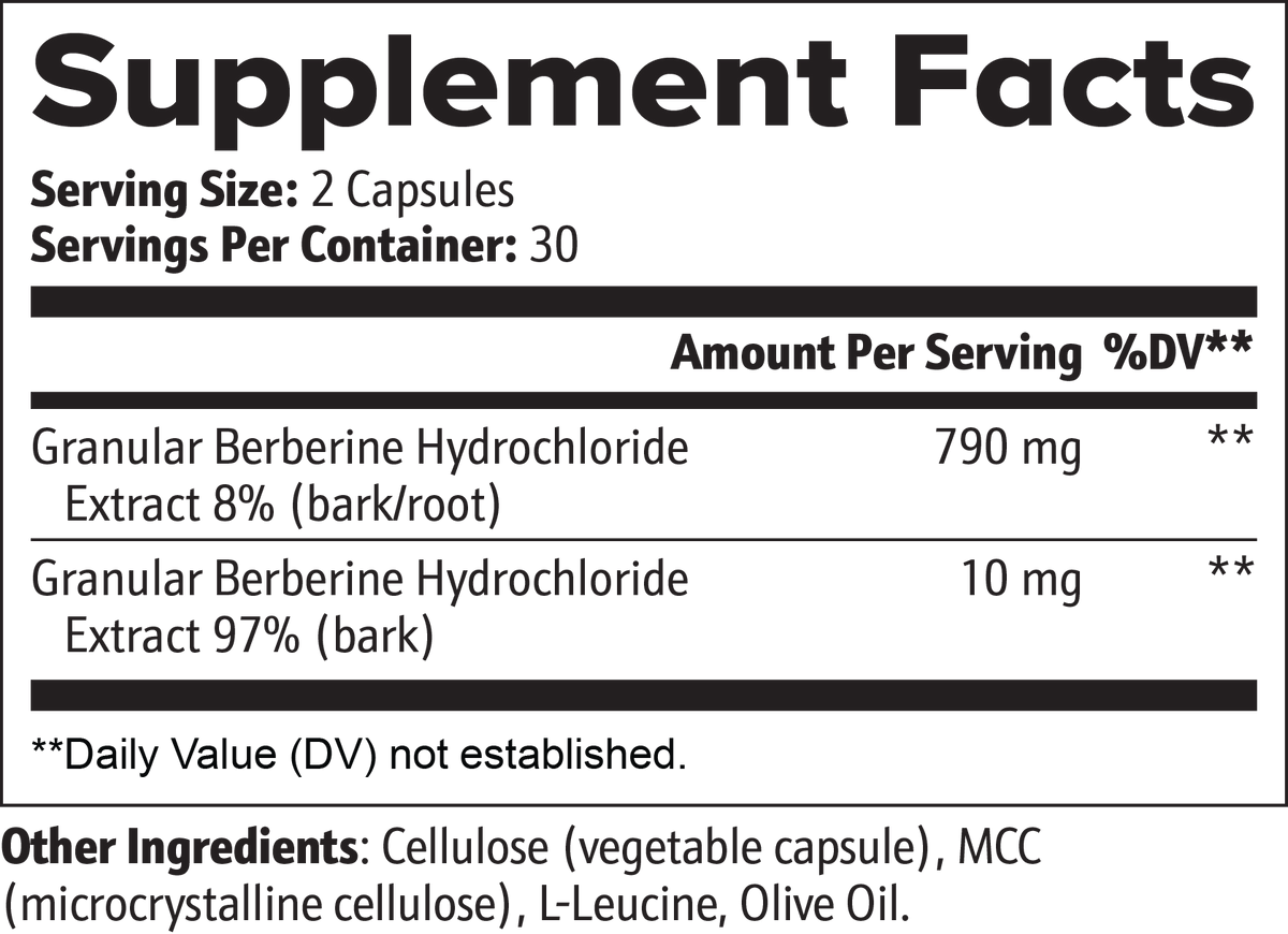 BurnHack Supplement Facts: Serving size 2 capsules; Servings per bottle 30; Berberine HCl extract 8% (bark/root) 790 mg; Berberine HCl extract 97% (bark) 10 mg