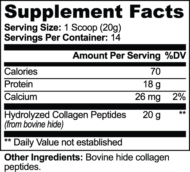 GlowHack Supplement Facts: Serving size 1 scoop (20 g); Servings per tub 14; Calories 70; Protein 18 g; Hydrolyzed collagen peptides (bovine hide) 20 g; Calcium 26 mg · 2% DV